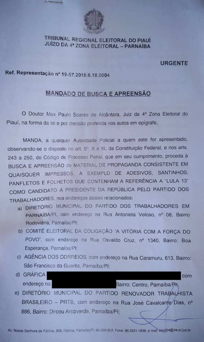Polícia Federal cumpre mandado de busca e apreensão em diretório do PT em Parnaíba